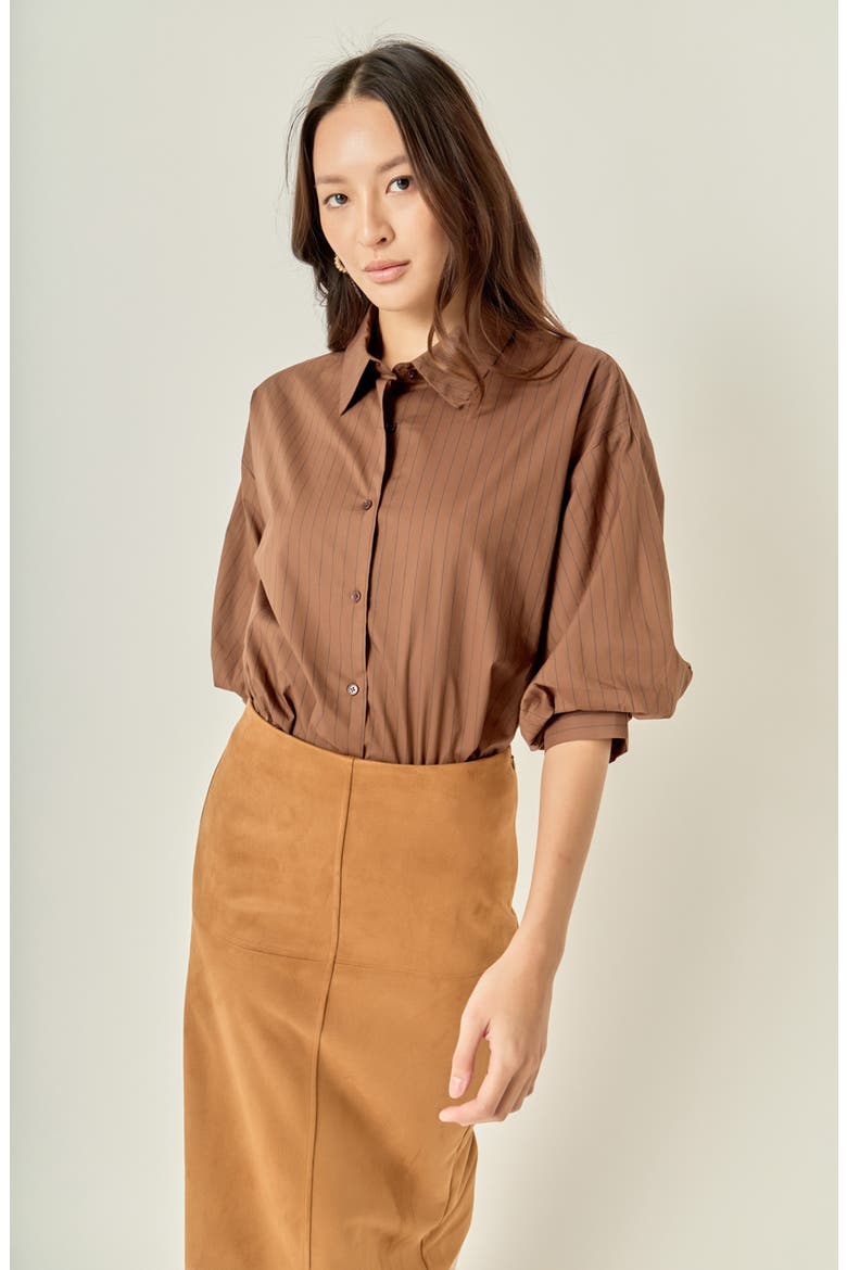 Pinstripe Balloon Sleeve Cotton Shirt, Alternate, color, BROWN