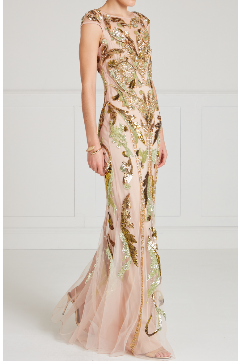 Novella Embellished Gown, Alternate, color, Gold