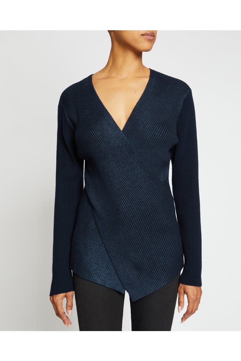STACY Crossover V-Neck Sweater in Coated Wool Blend, Alternate, color, SPACE BLUE
