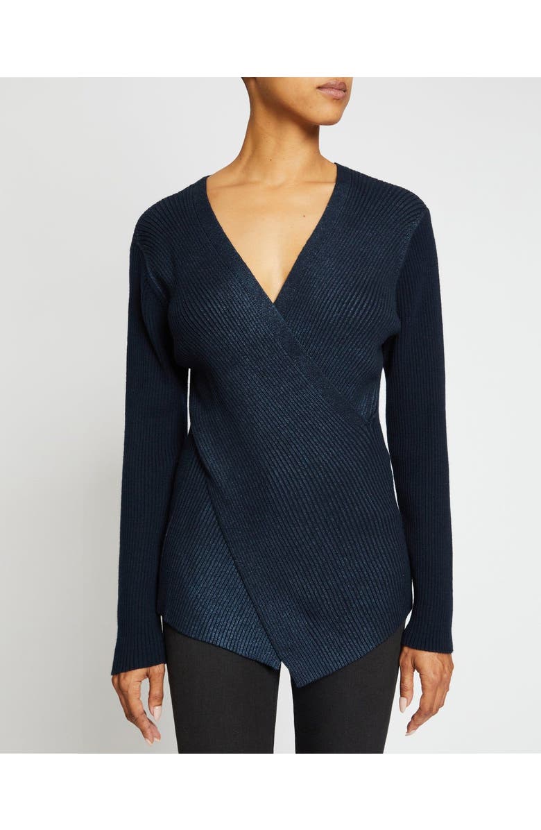 Santorelli STACY Crossover V-Neck Sweater in Coated Wool Blend, Alternate, color, 