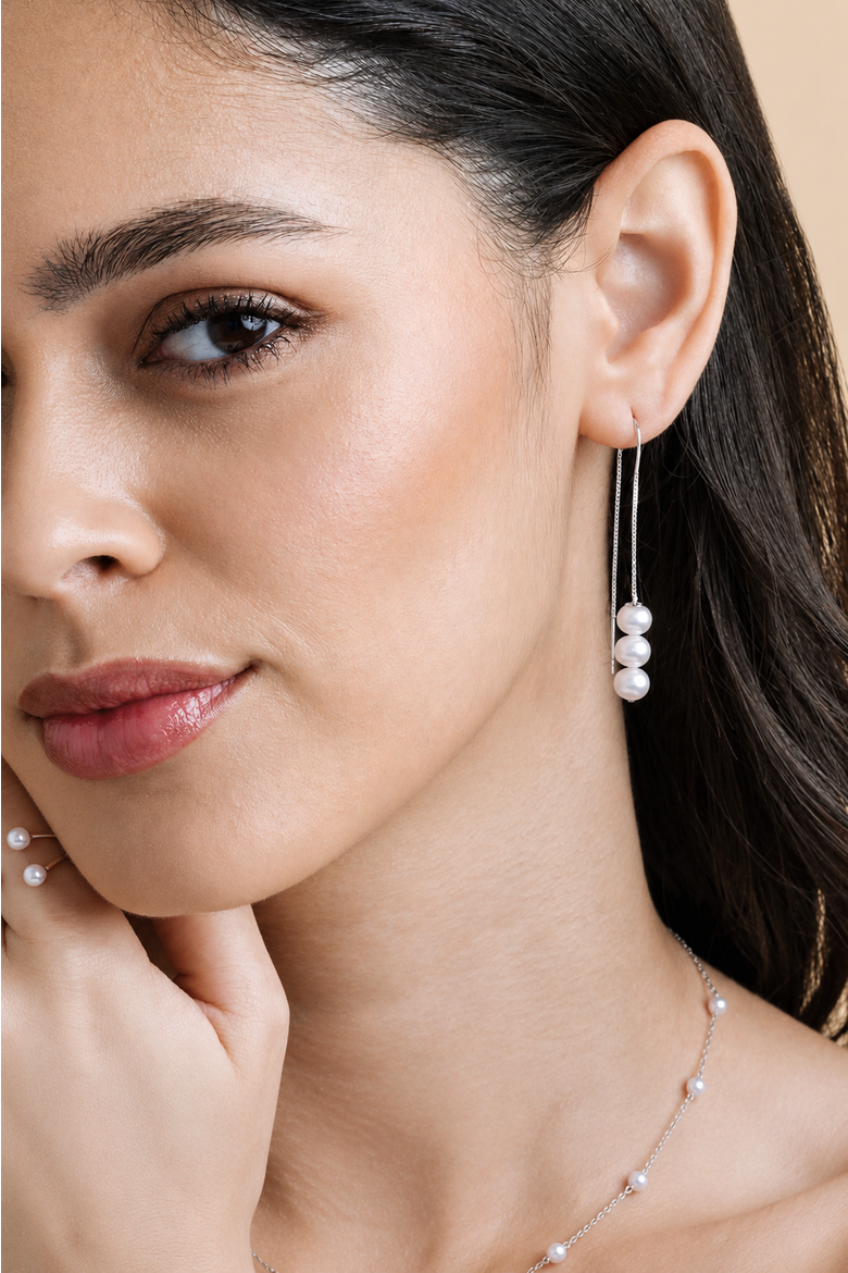 Triple White Freshwater Pearl Louise Earrings, Alternate, color, Sterling Silver