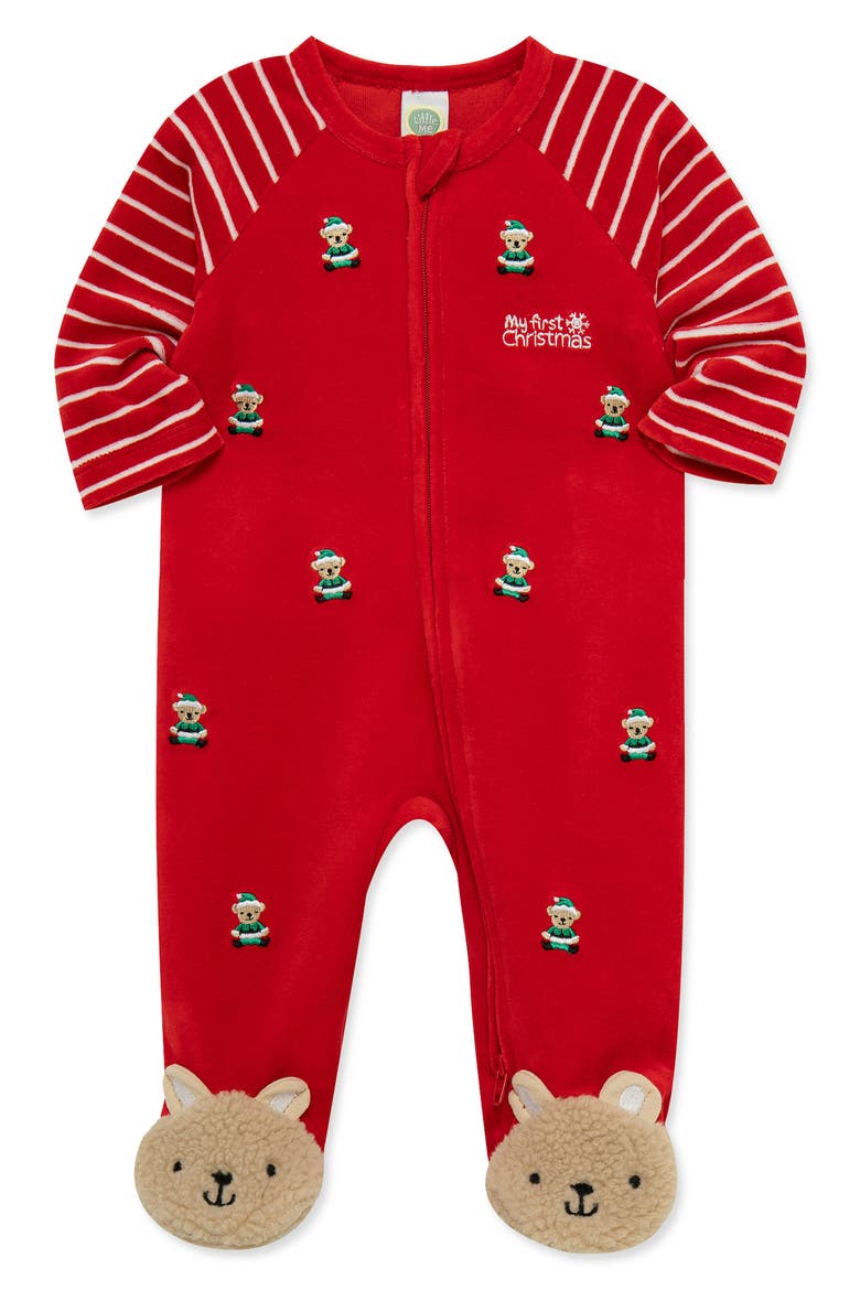 My First Christmas Holiday Bear Velour Footie, Alternate, color, RED