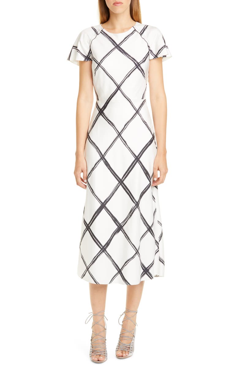 Jason Wu Collection Windowpane Print Silk Crêpe de Chine Midi Dress, Main, color, 