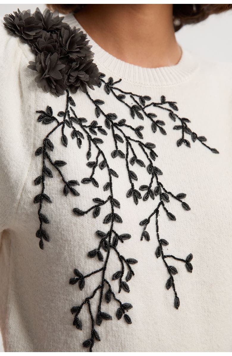 Karen Millen Flower And Beaded Puff Sleeve Knit Tee, Alternate, color, Ivory