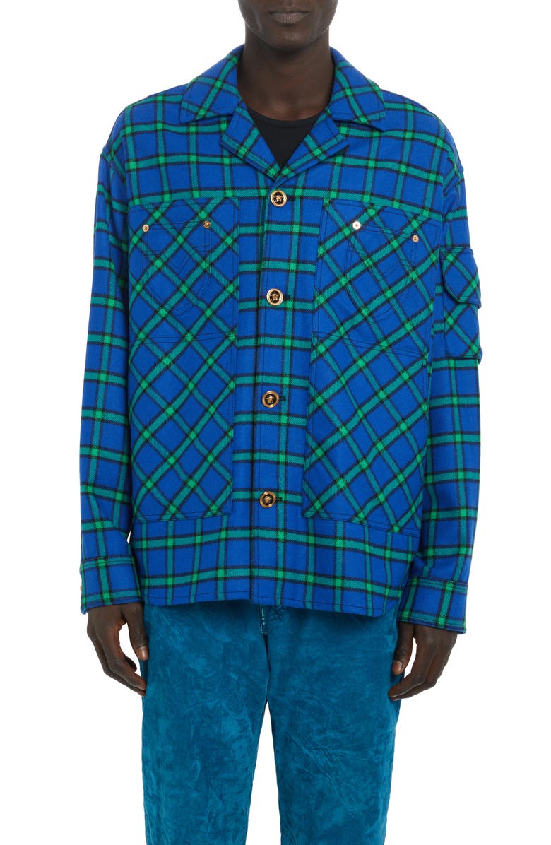 Versace Tartan Print Wool Blend Flannel Shirt Jacket, Main, color,