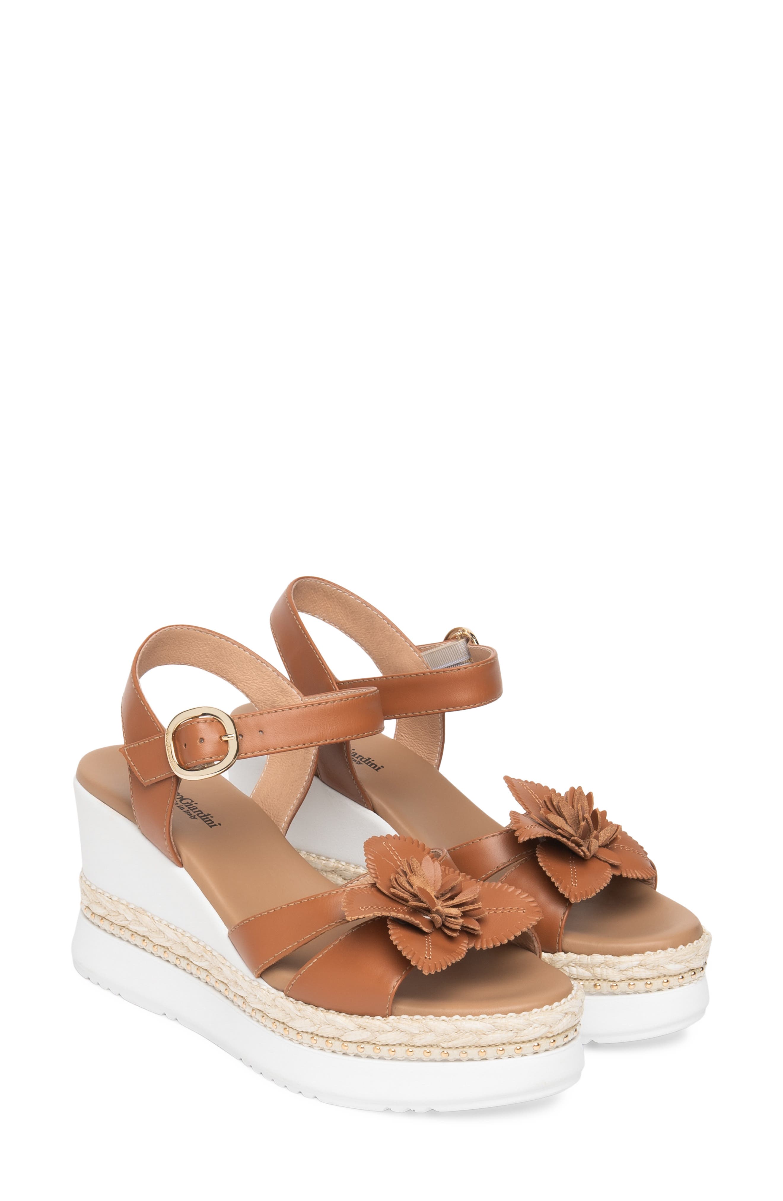 NeroGiardini Floral Platform Wedge Sandal, Main, color, Cognac