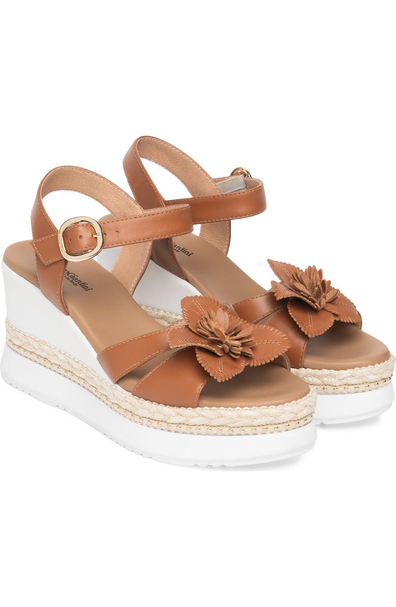 NeroGiardini Floral Platform Wedge Sandal, Main, color, Cognac