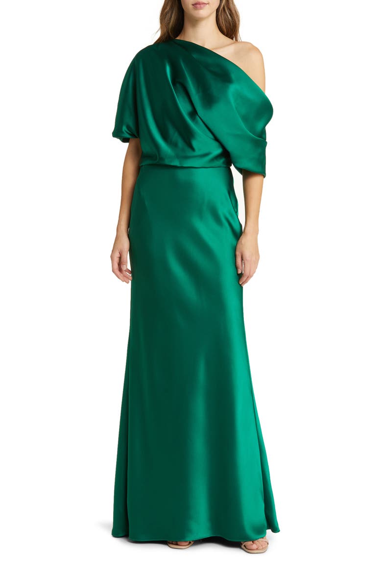 One-Shoulder Fluid Satin Gown, Main, color, EMERALD