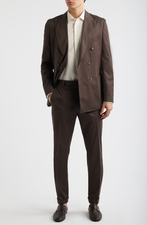 Huge Slim Fit Brown Stretch Cotton Peak Lapel Double Breasted Suit (Regular & Big)