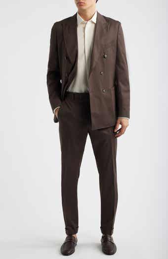 Huge Slim Fit Brown Stretch Cotton Peak Lapel Double Breasted Suit