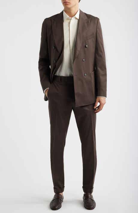 Huge Slim Fit Brown Stretch Cotton Peak Lapel Double Breasted Suit