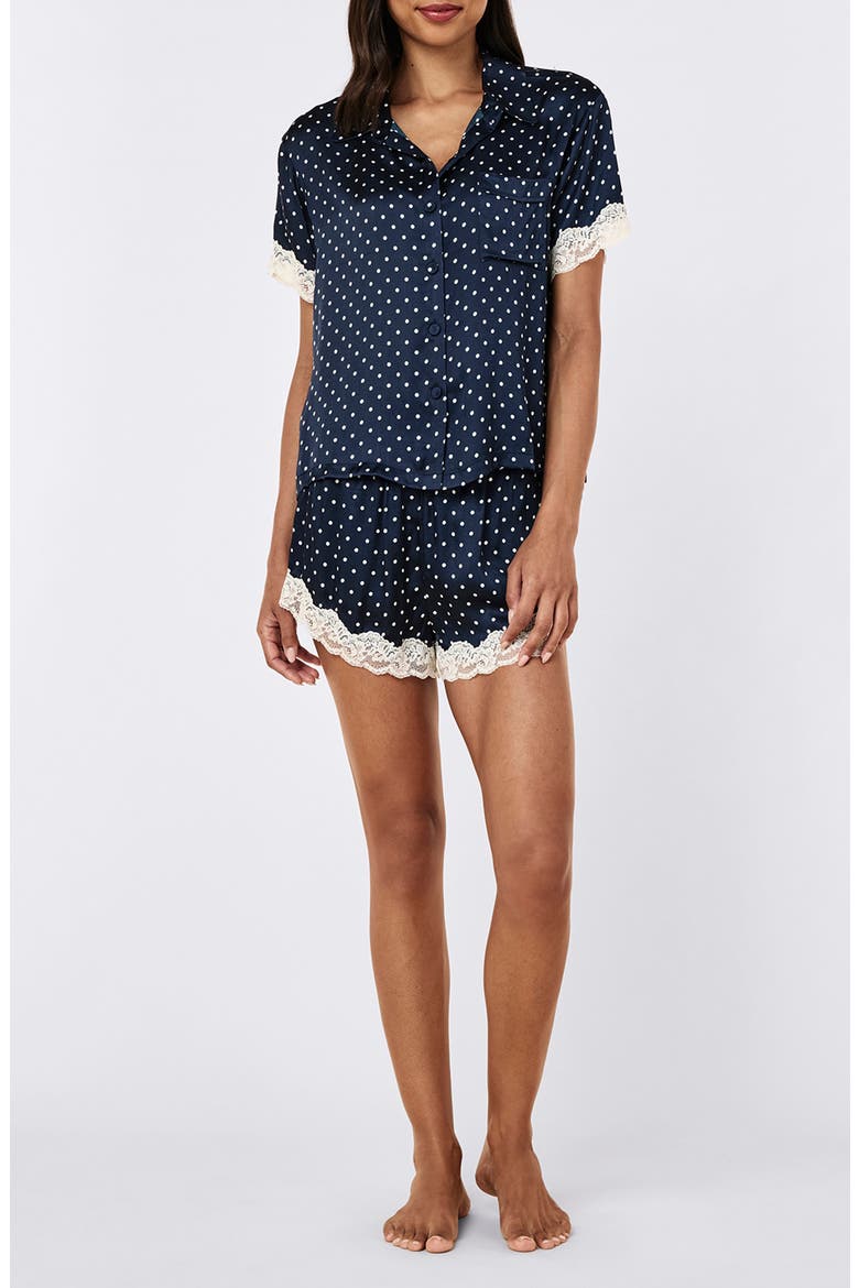 Annabelle Satin Lace Boxer Pajamas, Main, color, DEEP NAVY/ MINI CREAM SPOT