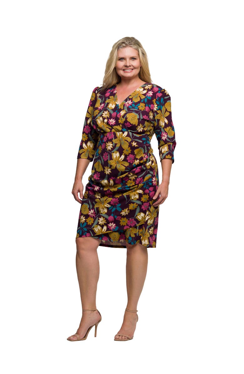 24seven Comfort Apparel Floral Print Faux Wrap Dress, Alternate, color, Purple Multi