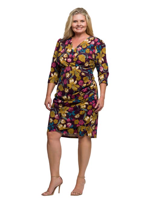 24seven Comfort Apparel Plus Size Floral Print Faux Wrap Dress In Animal Print