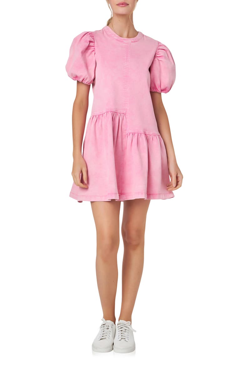 Mixed Media Puff Sleeve Denim Minidress, Main, color, PINK