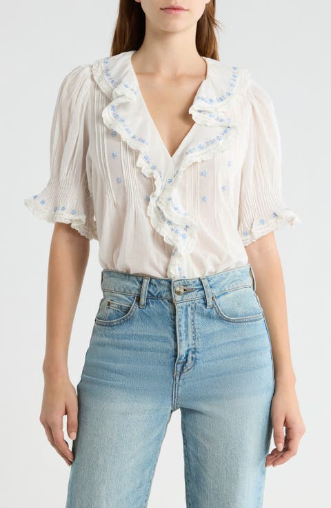 Hettie Embroidered Ruffle Organic Cotton Top