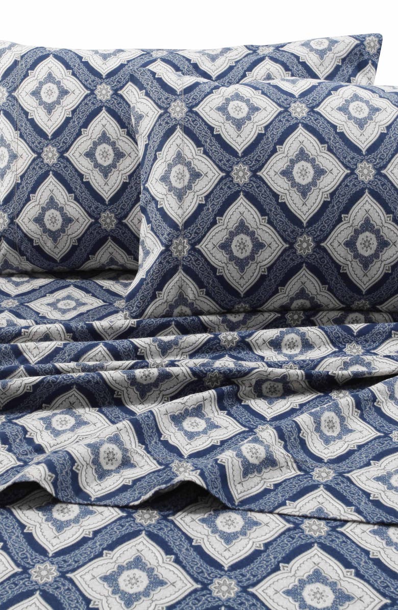 AZORES HOME Damask Cotton Flannel Sheet Set, Alternate, color, Blue Multi