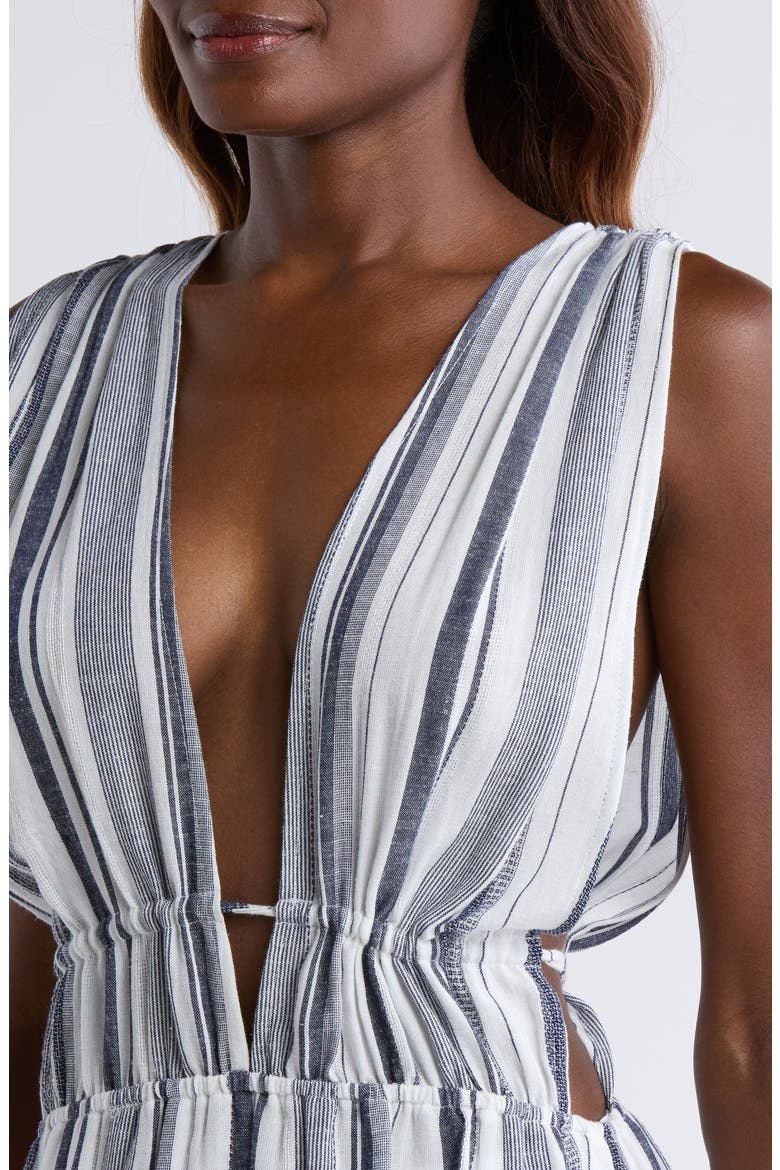 Ruched Plunge Maxi Cover-Up Dress, Alternate, color, NAVY STRIPE