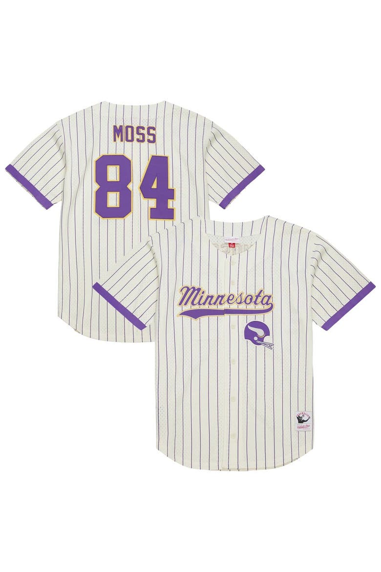 Men's Mitchell & Ness Randy Moss Cream Minnesota Vikings Name & Number Mesh Button-Up Baseball Jersey, Main, color, Cream