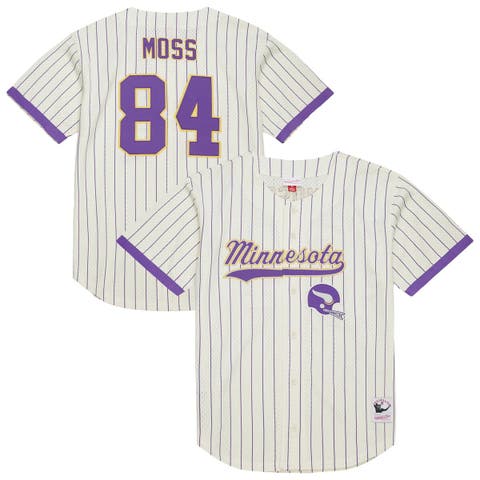 Men
s Mitchell 
Ness Randy Moss Cream Minnesota Vikings Name 
Number Mesh Button-Up Baseball Jersey