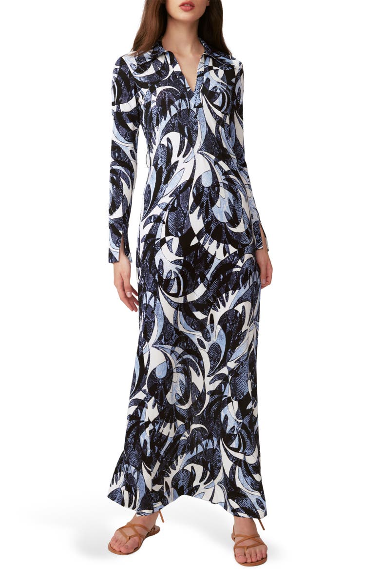 DVF Caprera Long Sleeve Maxi Shirtdress, Main, color, Serpant Dance