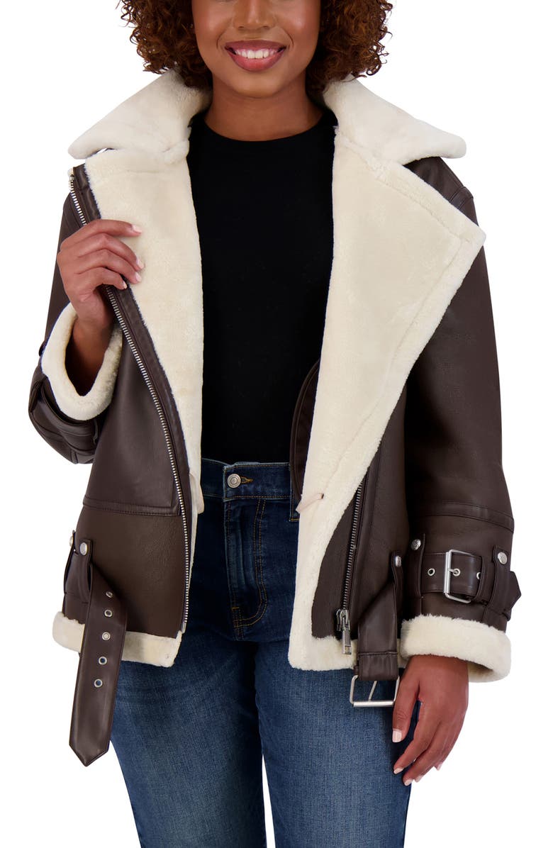 Rebecca Minkoff Water Repellent Faux Leather Moto Jacket with Faux Shearling Lining, Alternate, color, 