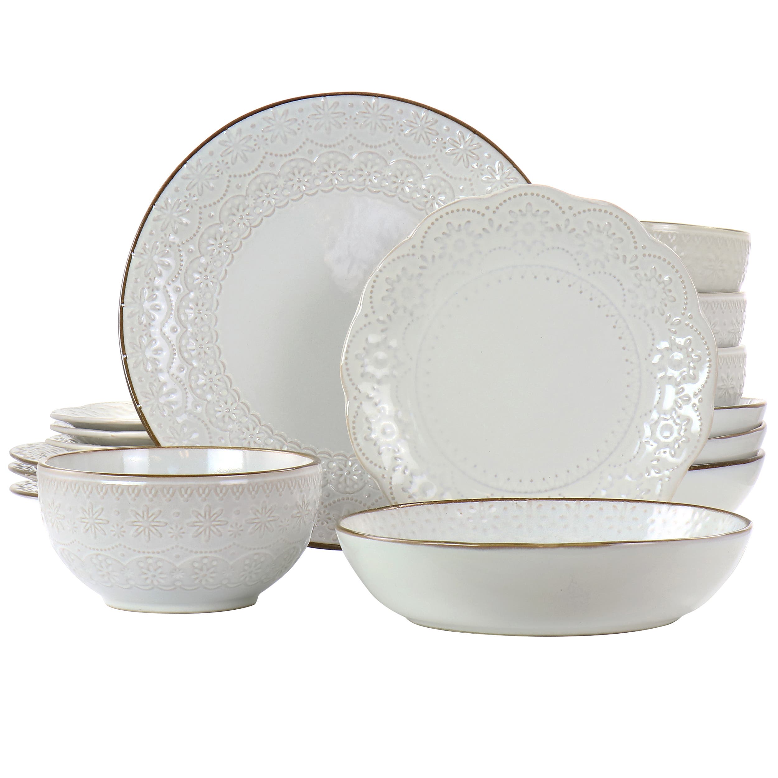 Elama Countess 16 Piece Embossed Double Bowl Stoneware Dinnerware Set - White