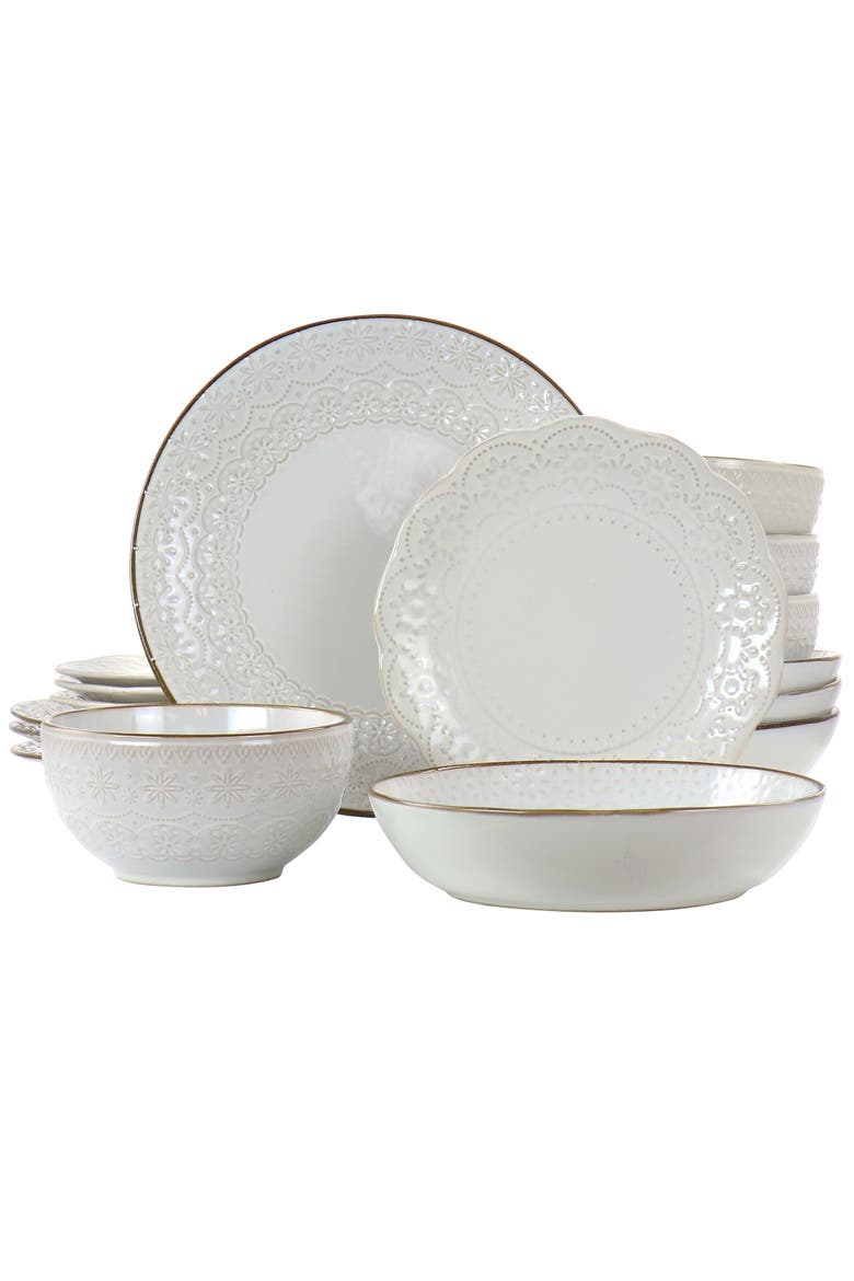 Countess 16 Piece Embossed Double Bowl Stoneware Dinnerware Set, Main, color, White