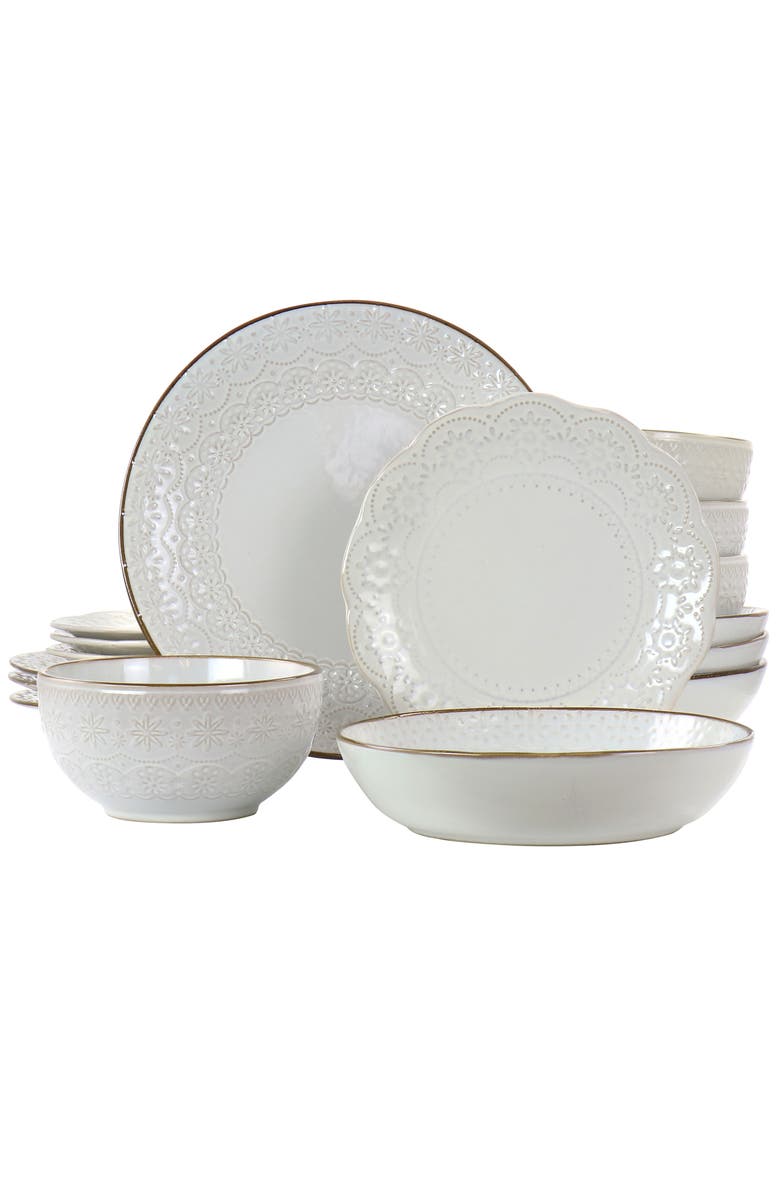 Elama Countess 16 Piece Embossed Double Bowl Stoneware Dinnerware Set, Main, color,