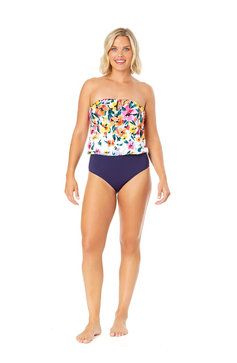 Anne Cole Women's Gradient Floral Strapless Blouson Keyhole One Piece Swimsuit, Alternate, color, Gradient Floral