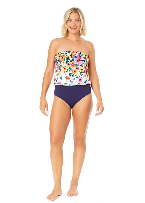 ANNE COLE GRADIENT FLORAL STRAPLESS BLOUSON KEYHOLE ONE PIECE SWIMSUIT