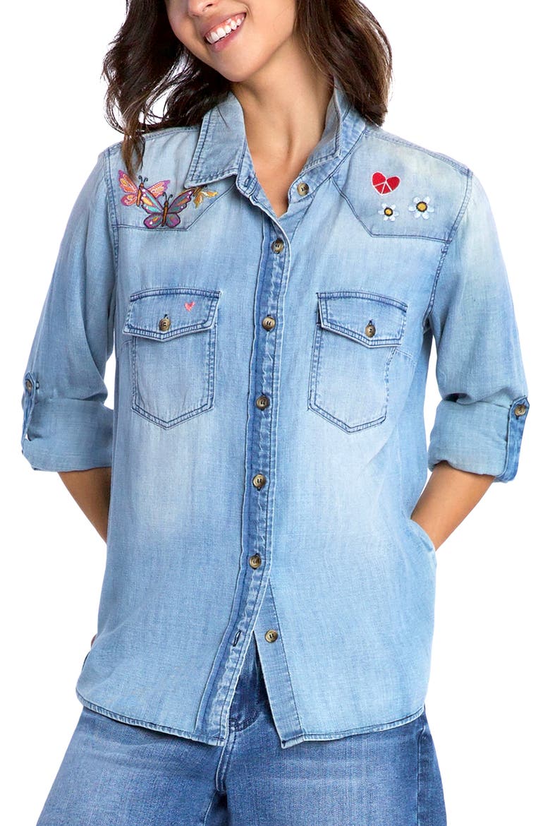 Butterfly Kiss Embroidered Denim Graphic Button-Up Shirt, Main, color, DENIM