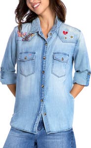 Billy T Butterfly Kiss Embroidered Denim Graphic Button-Up Shirt