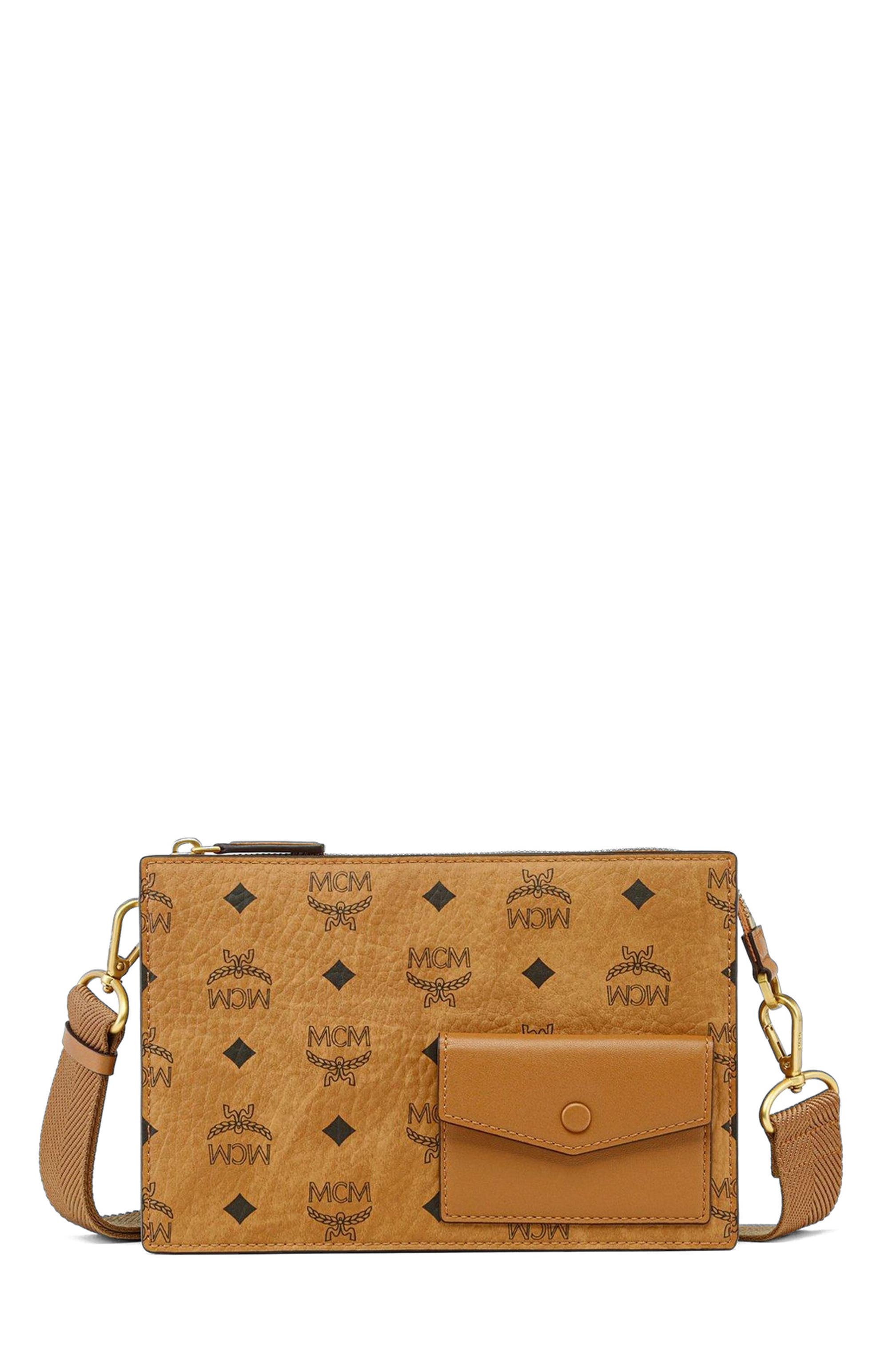 MCM Aren Standing Crossbody Pouch in Visetos, Main, color, Brown