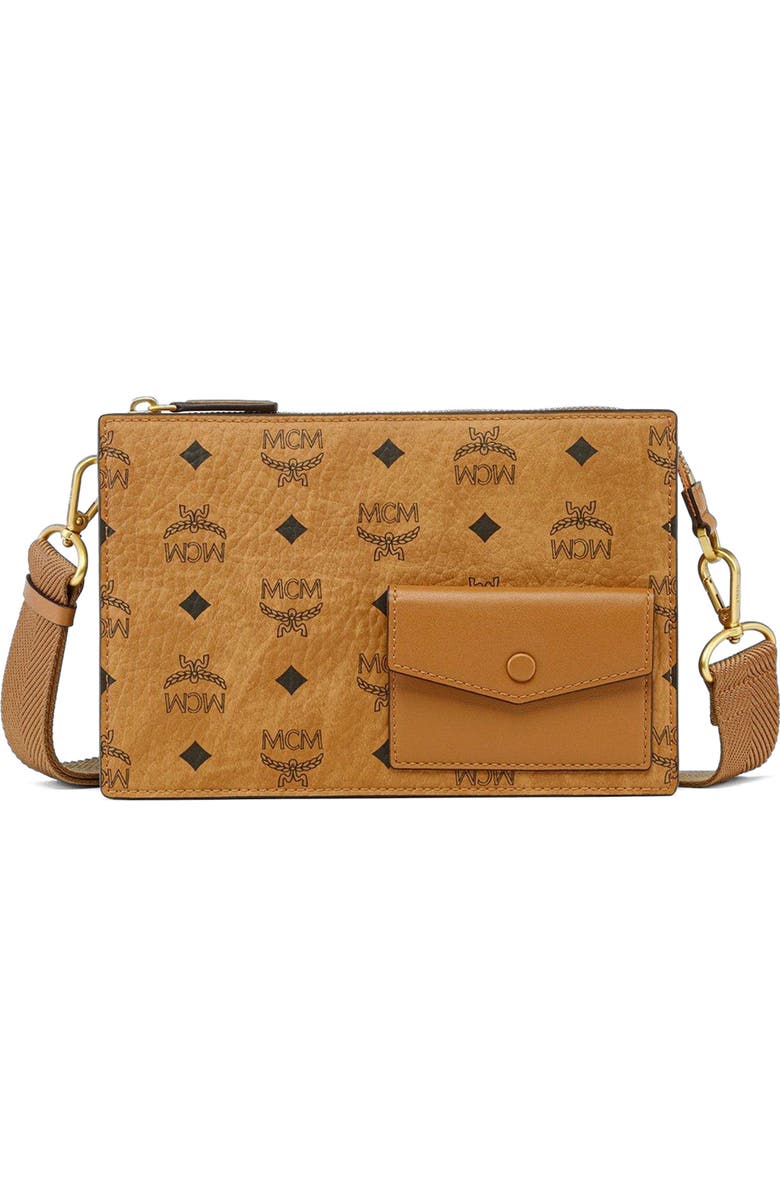 MCM Aren Standing Crossbody Pouch in Visetos, Main, color, Brown