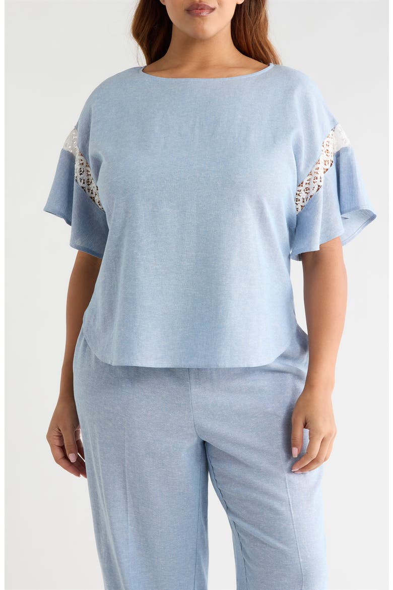 Lace Trim Flutter Sleeve Linen Blend Top, Main, color, LAGOON/ CRISP WHITE
