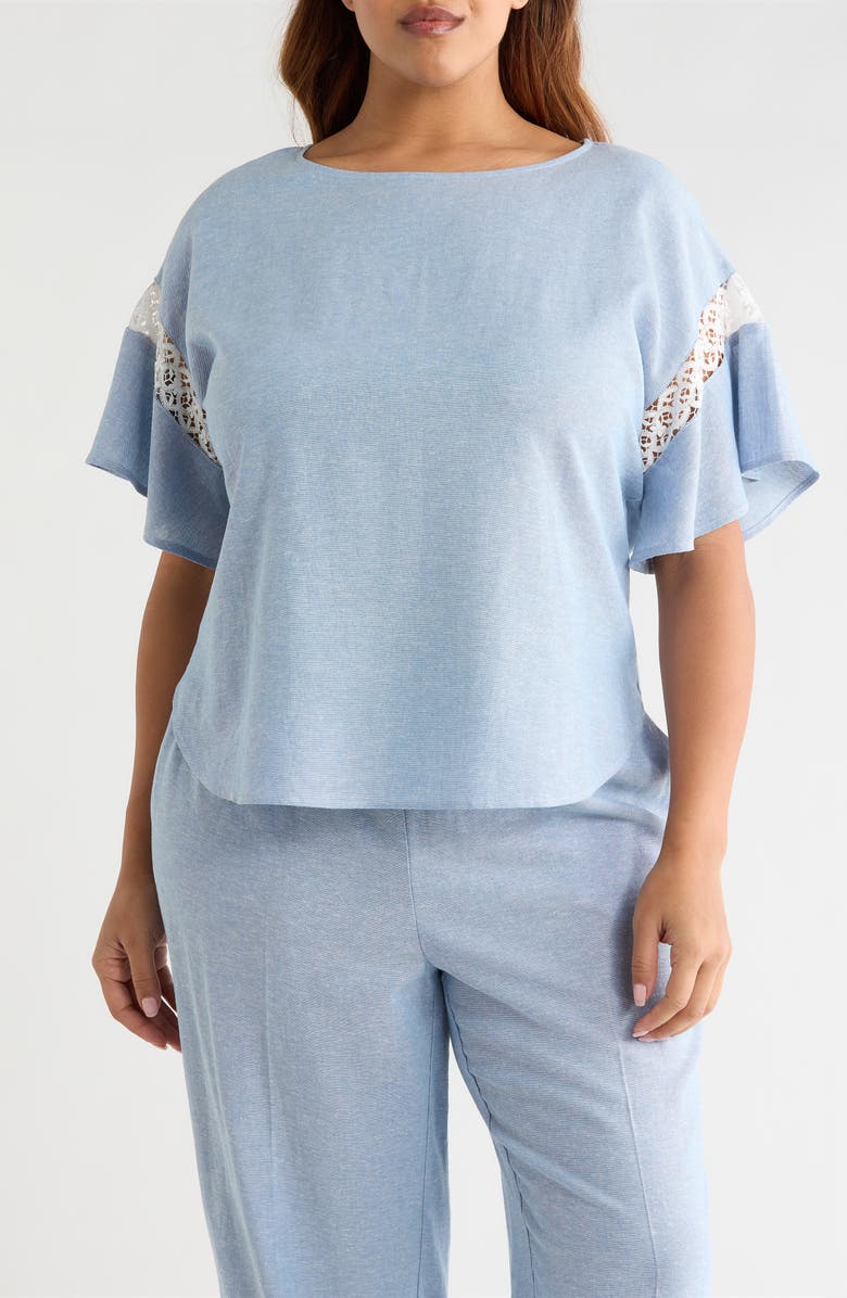 Anne Klein Lace Trim Flutter Sleeve Linen Blend Top, Main, color, Lagoon/ Crisp White