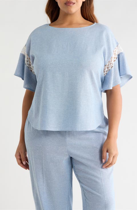 Lace Trim Flutter Sleeve Linen Blend Top (Plus)