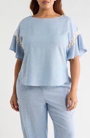 Anne Klein Lace Trim Flutter Sleeve Linen Blend Top