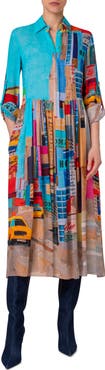 Akris punto NYC Paper Collage Print Long Sleeve Georgette Midi Shirtdress