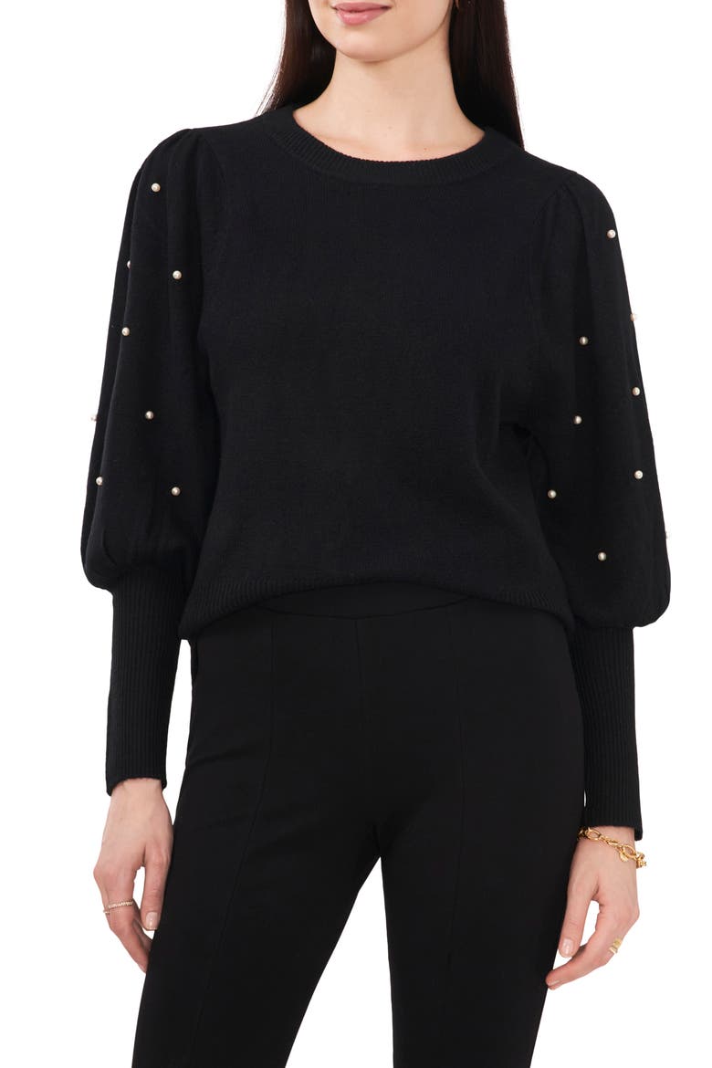 Imitation Pearl Juliet Sleeve Sweater, Main, color, RICH BLACK