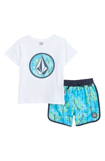 Shop Volcom Kids' Jersey Tee & Swim Shorts Set In White
