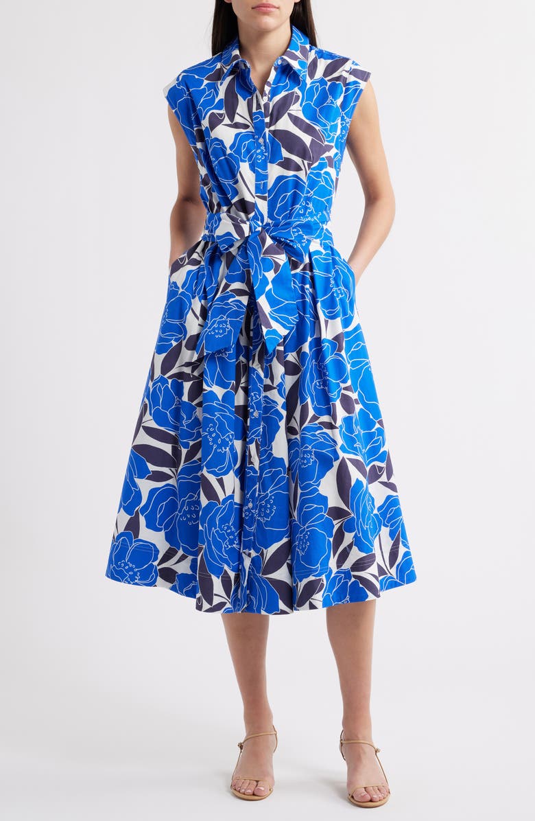 Milly Jules Camellia Floral Belted Poplin Fit & Flare Dress, Main, color, 