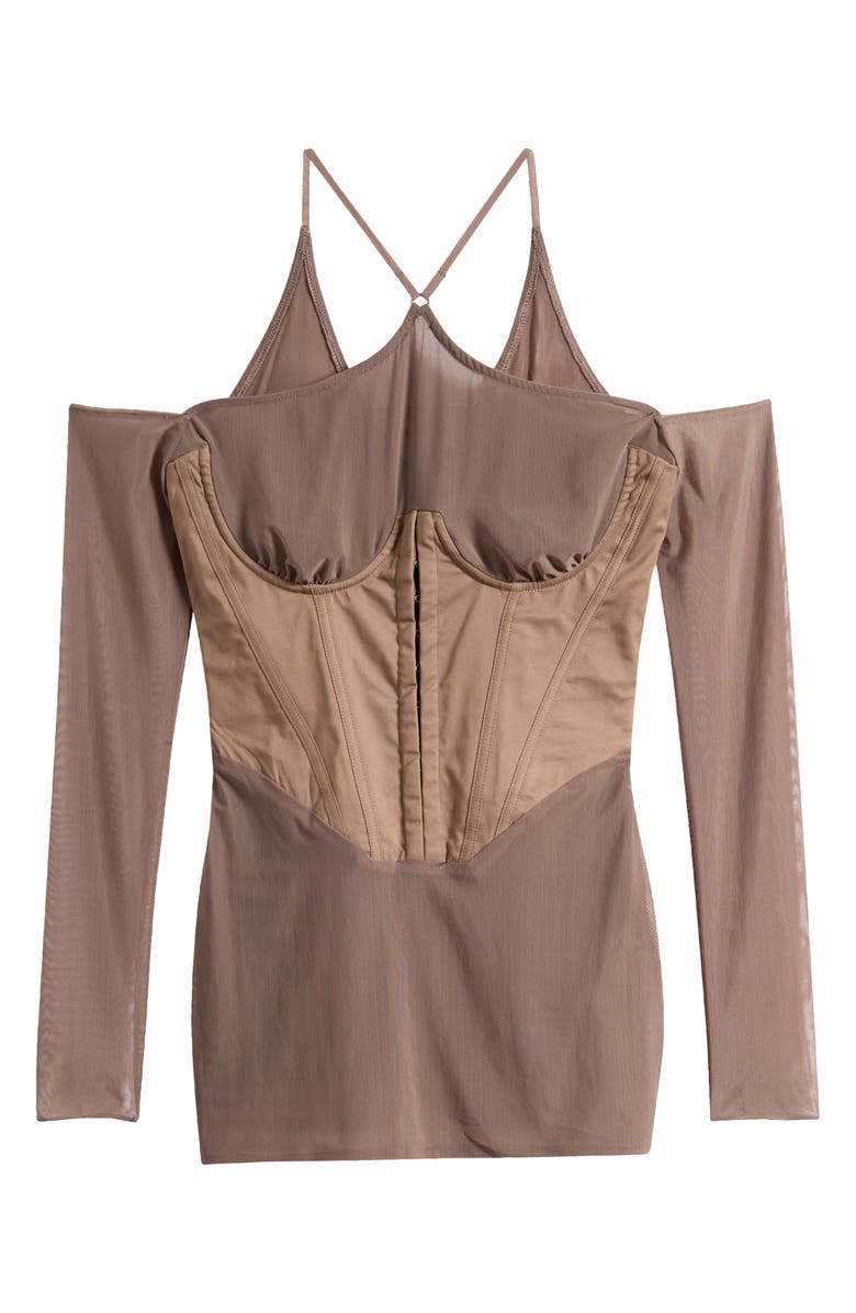Mistress Rocks Off the Shoulder Long Sleeve Corset Minidress, Alternate, color, Dusty Brown