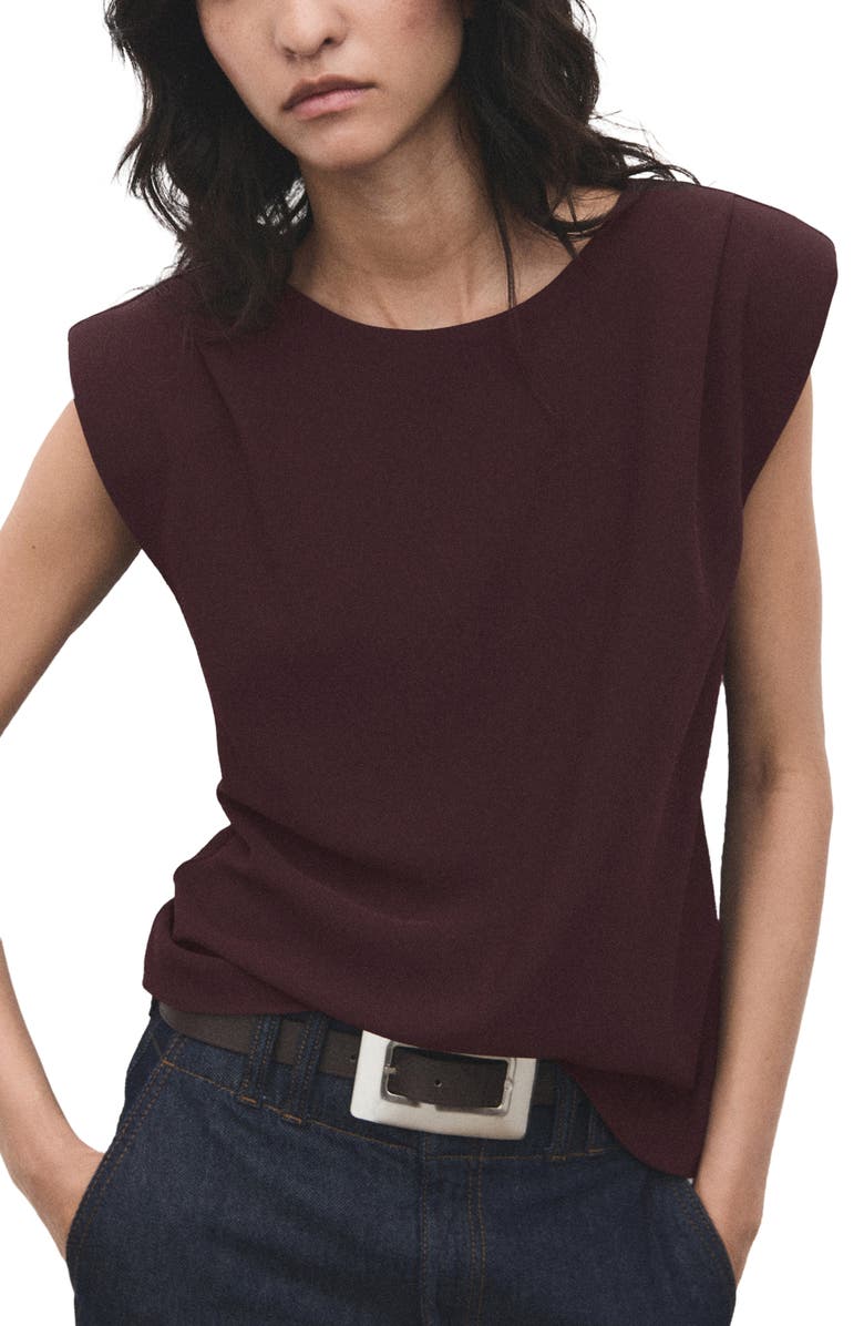MANGO Ruched Strong Shoulder Top, Main, color, Chocolate