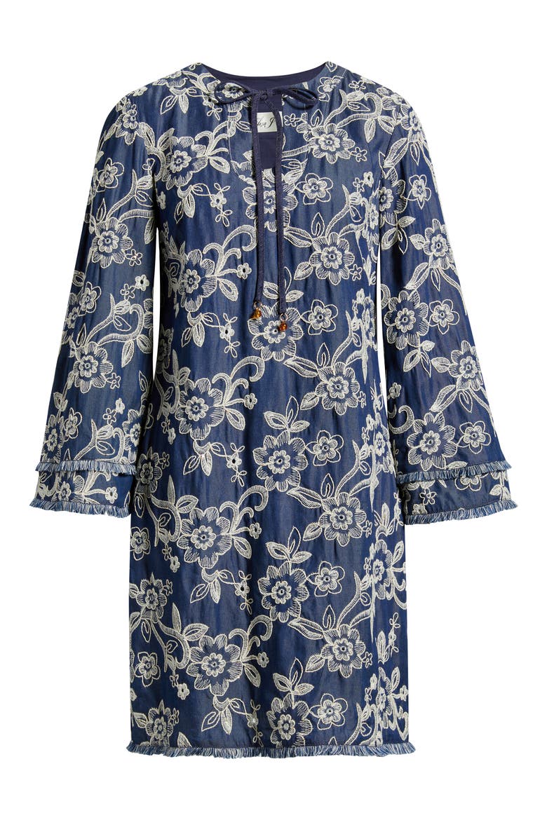 Floral Embroidered Split Neck Shift Dress, Alternate, color, DENIM