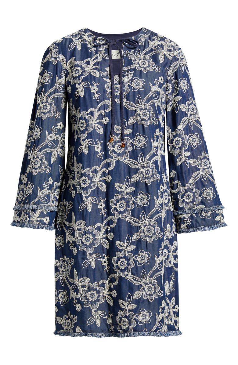 Eliza J Floral Embroidered Split Neck Shift Dress, Alternate, color, Denim