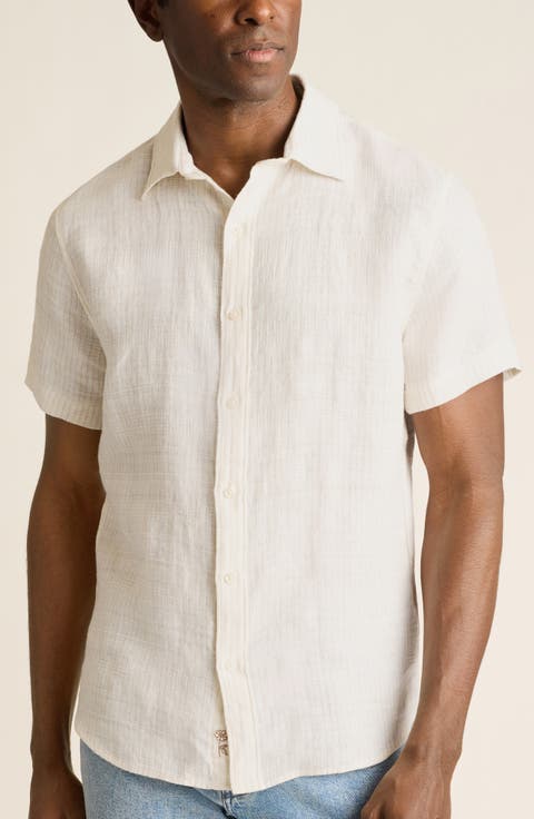 Montauk Stripe Jacquard Short Sleeve Linen Button-Up Shirt