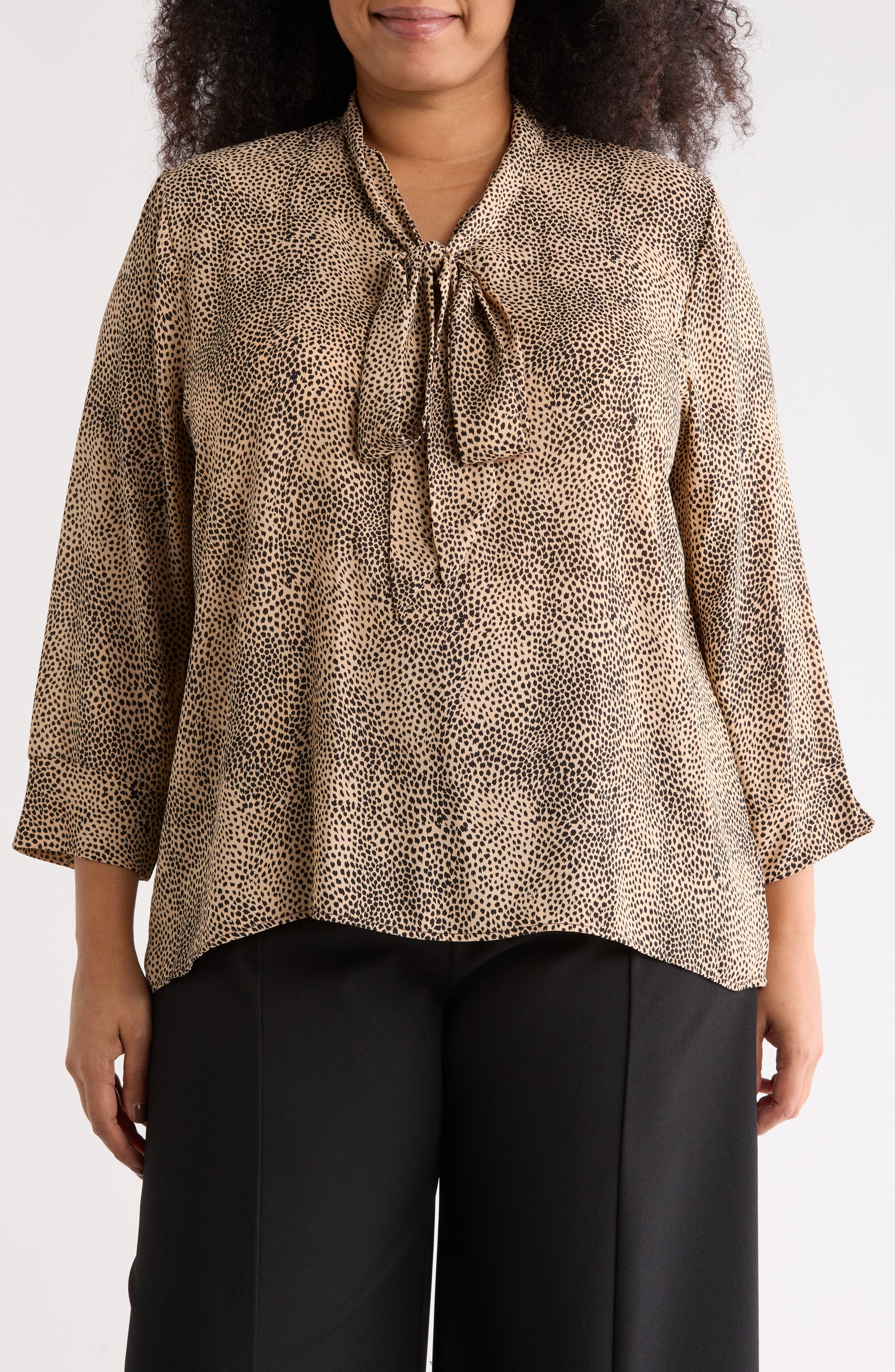 Renee C Animal Print Tie Neck Long Sleeve Top