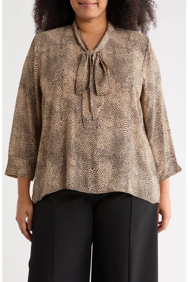 Animal Print Tie Neck Long Sleeve Top, Main, color, TAUPE